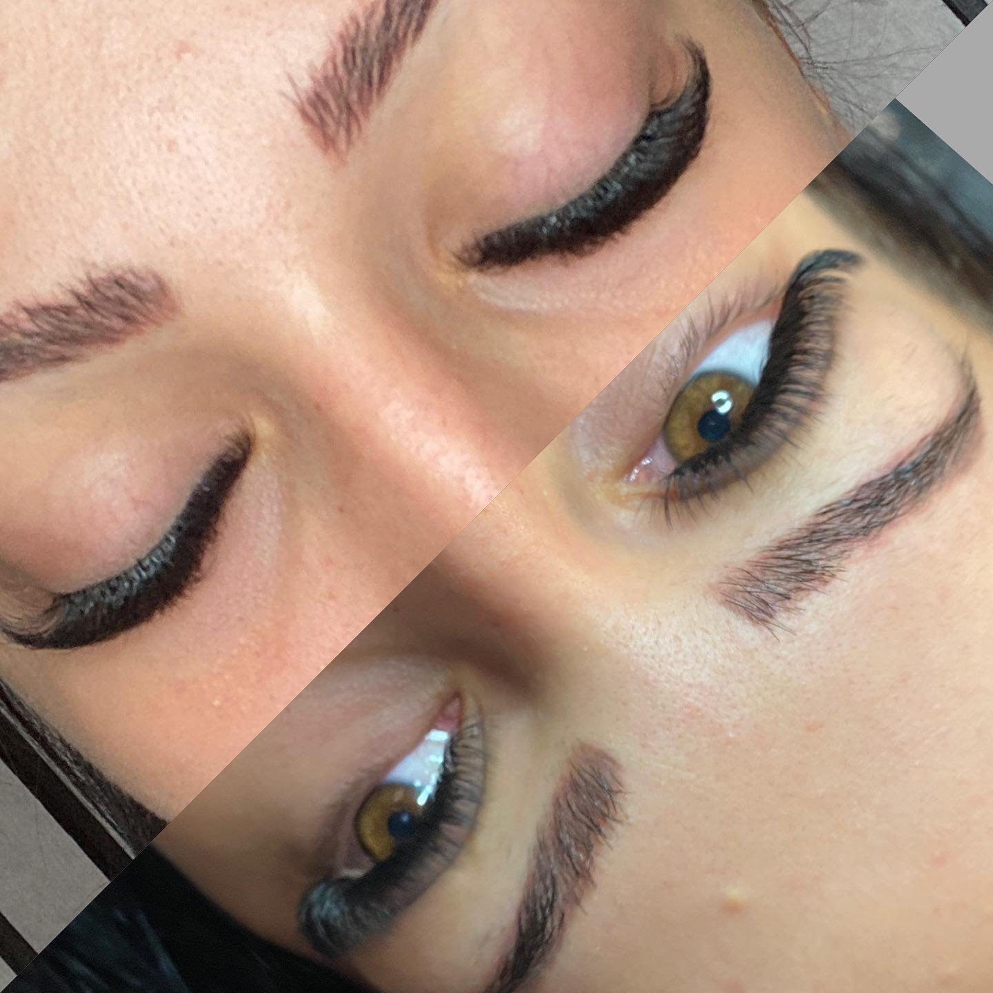Nahaufnahme-Vergleich von Augen vor und nach Wimpernextensions: unten natürliche Wimpern, oben vollere Wimpern mit Extensions.