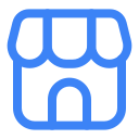 Blue storefront icon with an awning and an entrance door.