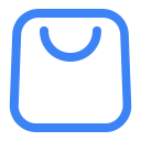 Blue outlined shopping bag icon with handle on white background.