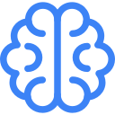 Blue icon of a human brain viewed from above, showing simplified brain lobes and central division.
