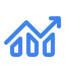Blue line graph with bars and an upward arrow indicating growth.