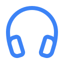 Blue outlined icon of over-ear headphones.