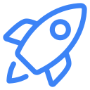 Blue line art icon of a rocket ship angled upward.