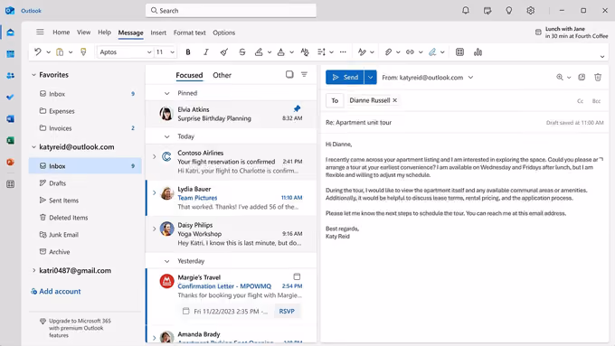 Outlook-E-Mail-Posteingang mit ausgewählter Nachricht über Wohnungsbesichtigung an Dianne Russell.