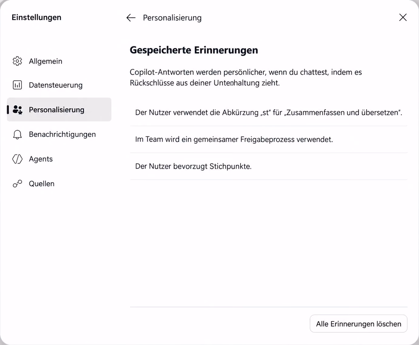 Übersicht der gespeicherten Erinnerungen in den Copilot Einstellungen