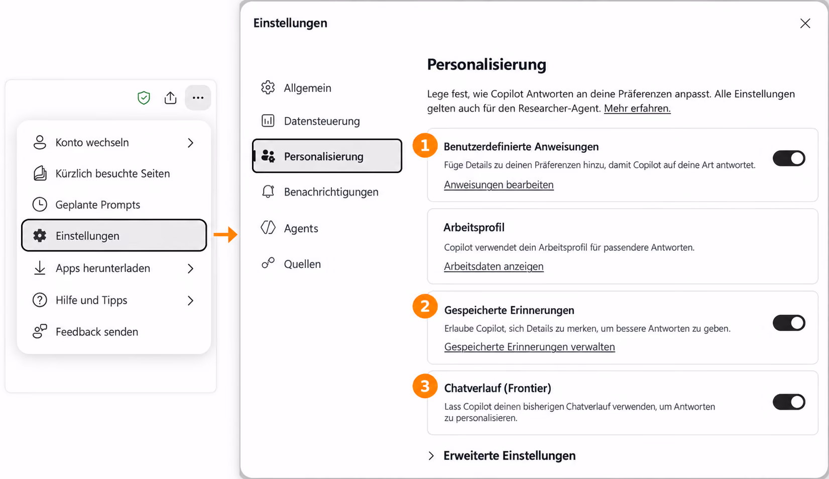Copilot Menü mit Einstellungen und die Personalisierung mit den drei nummerierten Punkten
