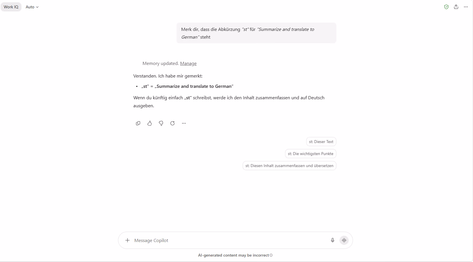 Copilot merkt sich die Abkürzung st für Summarize and translate to German
