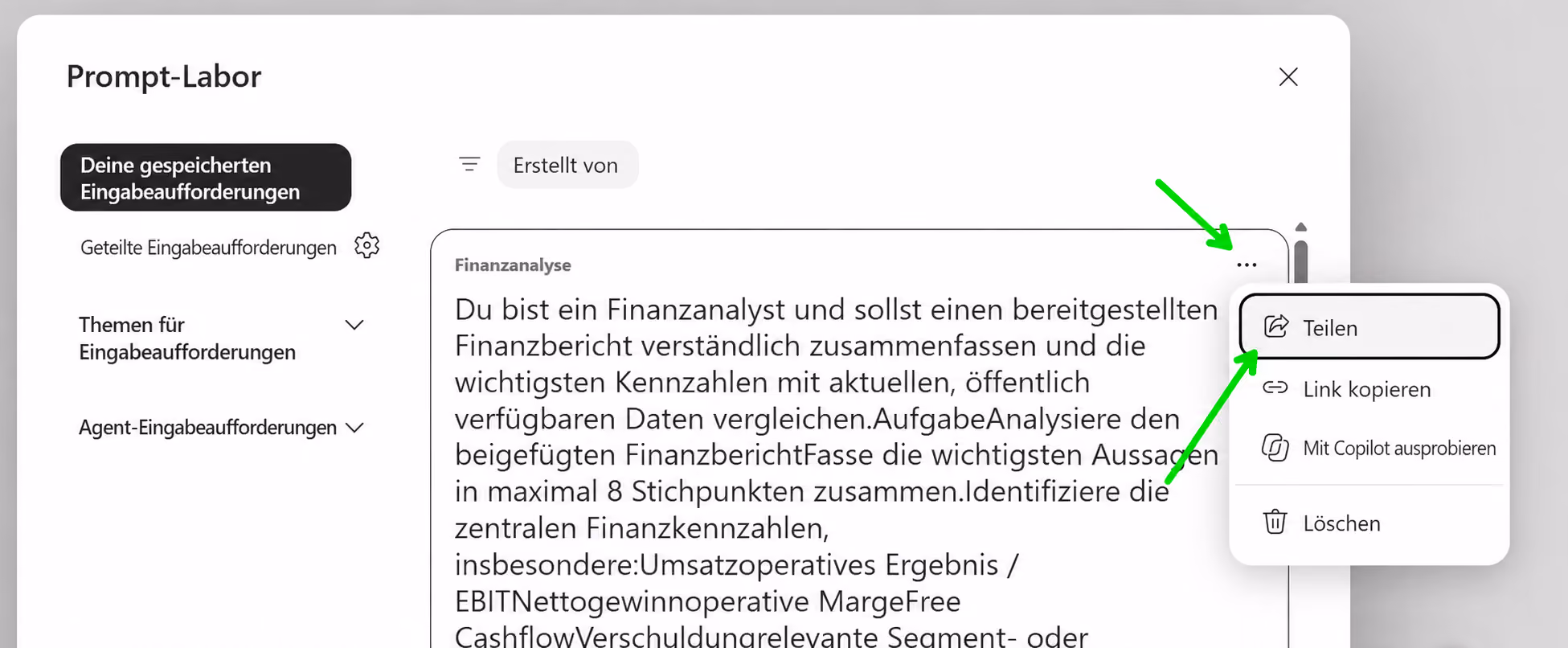 Prompt-Labor mit geöffnetem Kontextmenü einer gespeicherten Eingabeaufforderung; der Eintrag Teilen ist markiert.