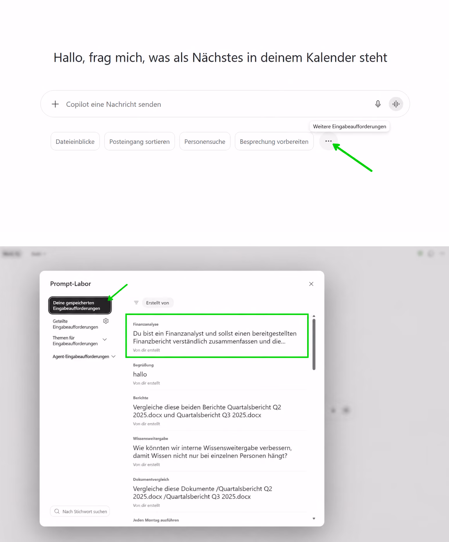 Oben die Copilot-Startseite mit der Schaltfläche Weitere Eingabeaufforderungen unter dem Eingabefeld, darunter das geöffnete Prompt-Labor mit der Liste der gespeicherten Eingabeaufforderungen.
