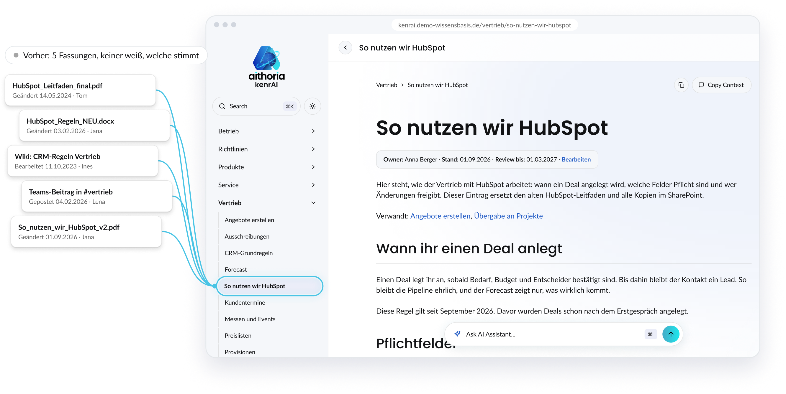 Fünf verstreute Fassungen des HubSpot-Leitfadens laufen in kenrAI zu einem geprüften Eintrag „So nutzen wir HubSpot“ zusammen.