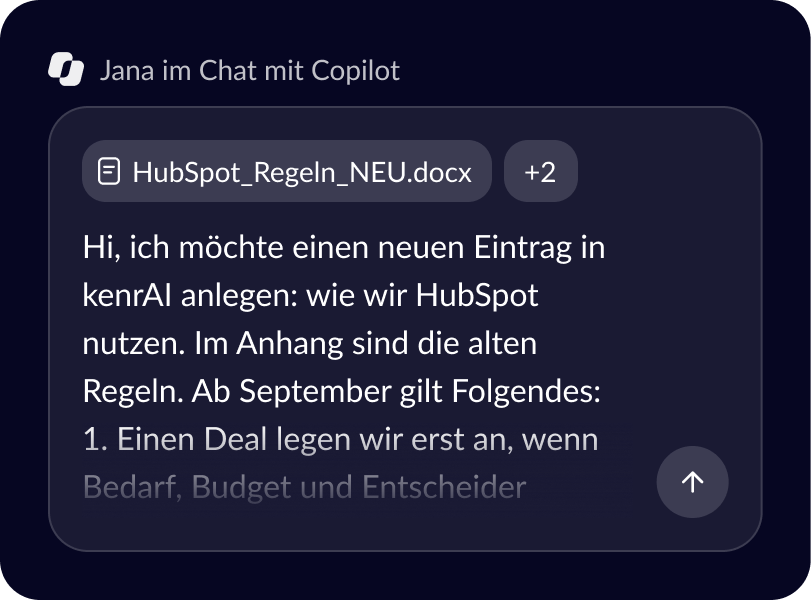 Chat mit der KI, in dem ein neuer kenrAI-Eintrag aus alten Regeln und einer Erklärung angelegt wird