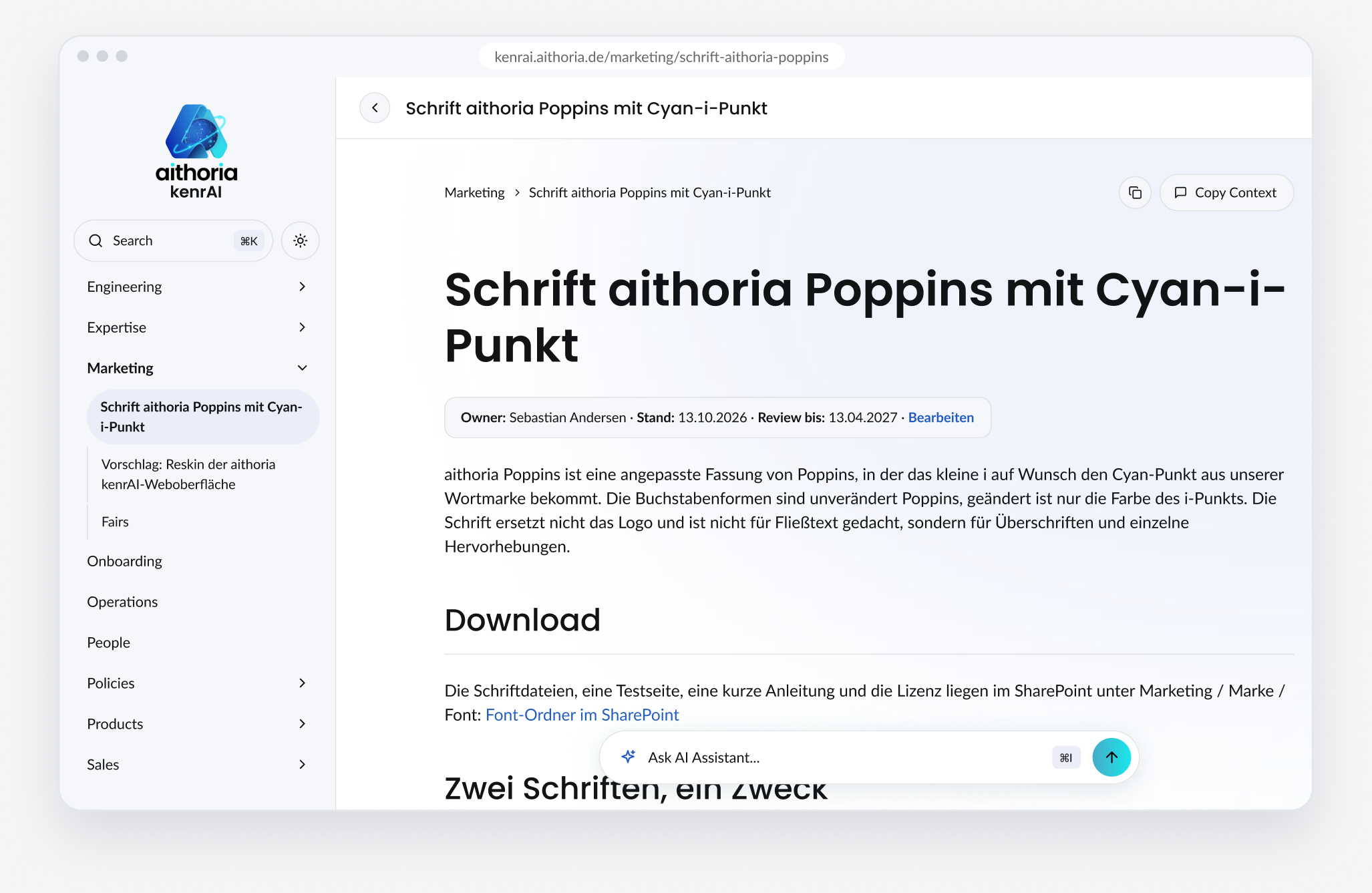kenrAI-Eintrag zur Schrift aithoria Poppins mit verantwortlicher Person, Stand und Review-Datum
