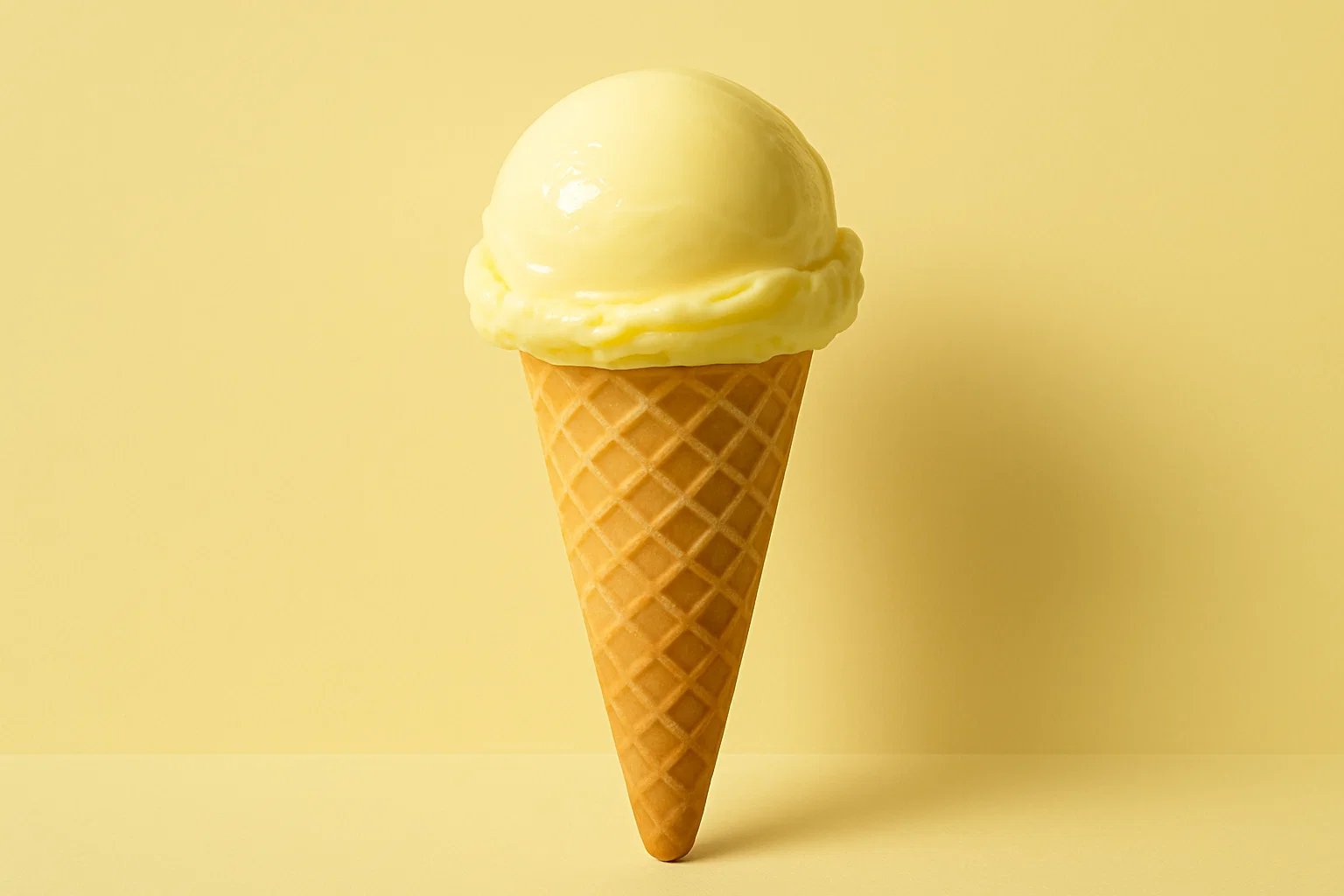 Single scoop of yellow ice cream in a waffle cone against a yellow background.