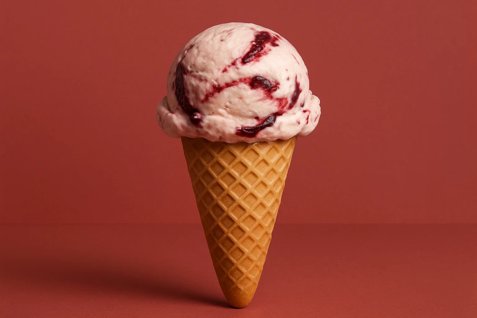 Close-up of a single scoop of strawberry swirl ice cream in a waffle cone against a reddish-brown background.