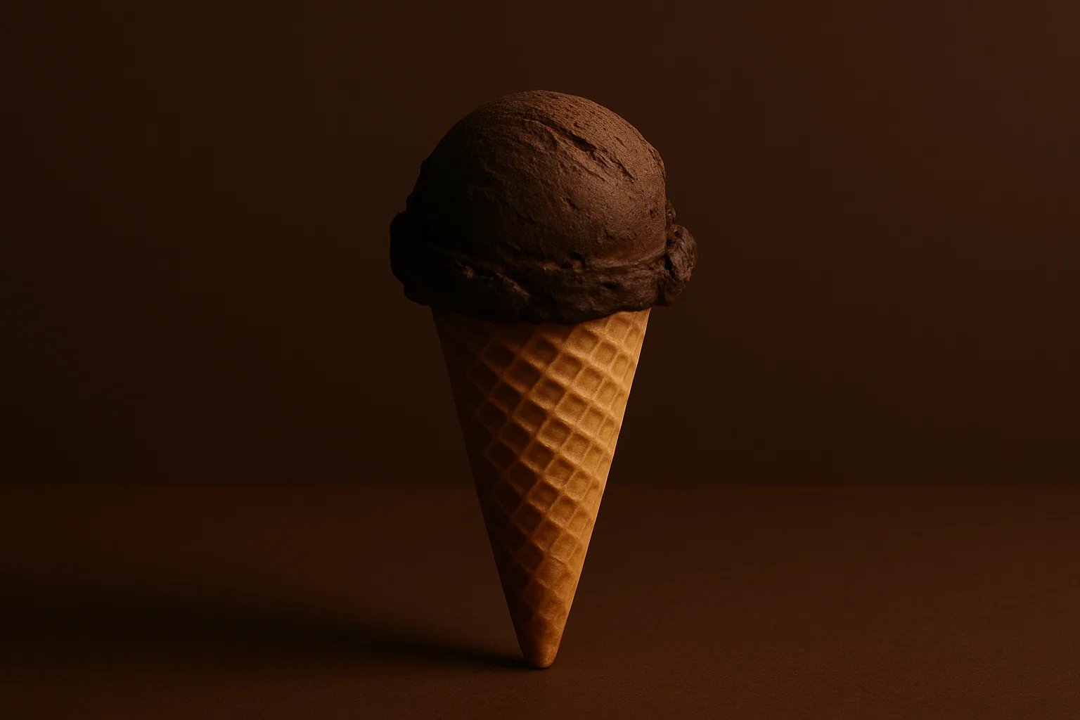 Single scoop of dark chocolate ice cream on a waffle cone against a brown background.