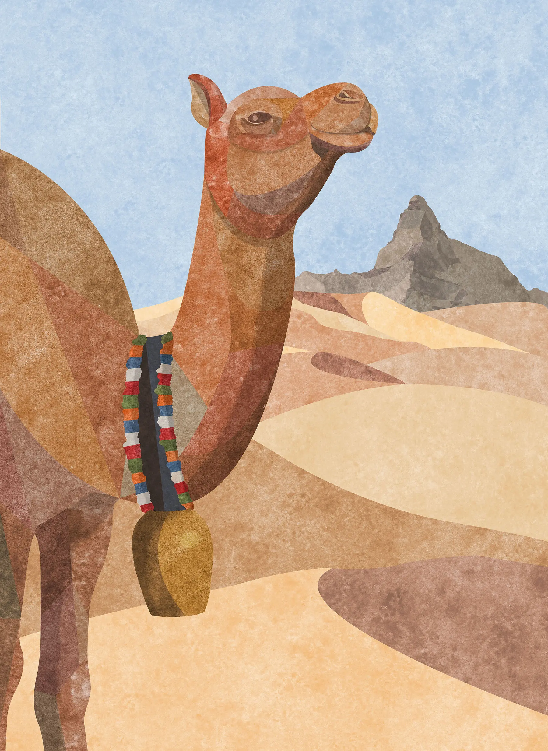 Illustration of a camel on a desert with the dried Matterhorn in the background.