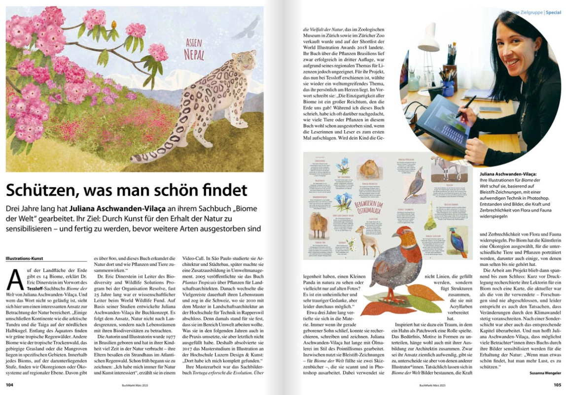Image of a page of the magazine "BuchMarkt" about the illustrations of Juiana Aschwanden-Vilaça.