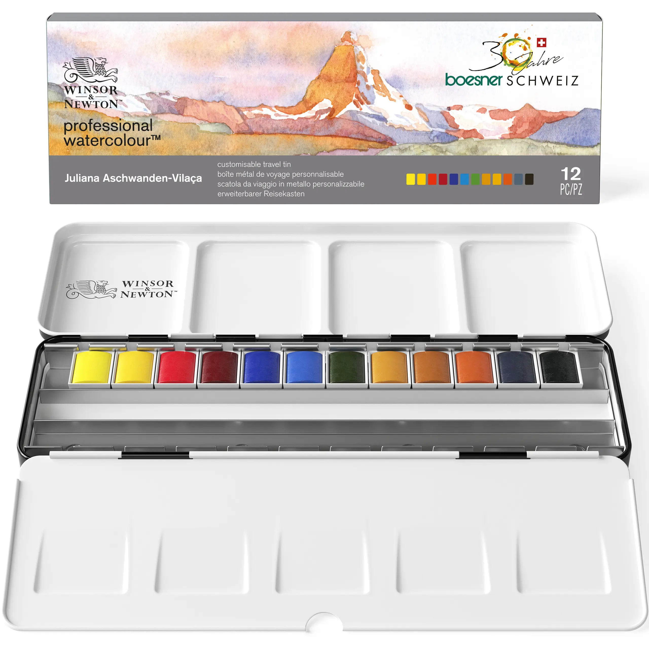 Image of the professional watercolour special edition set from Winsor & Newton, where is printed a watercolour of the Matterhorn.
