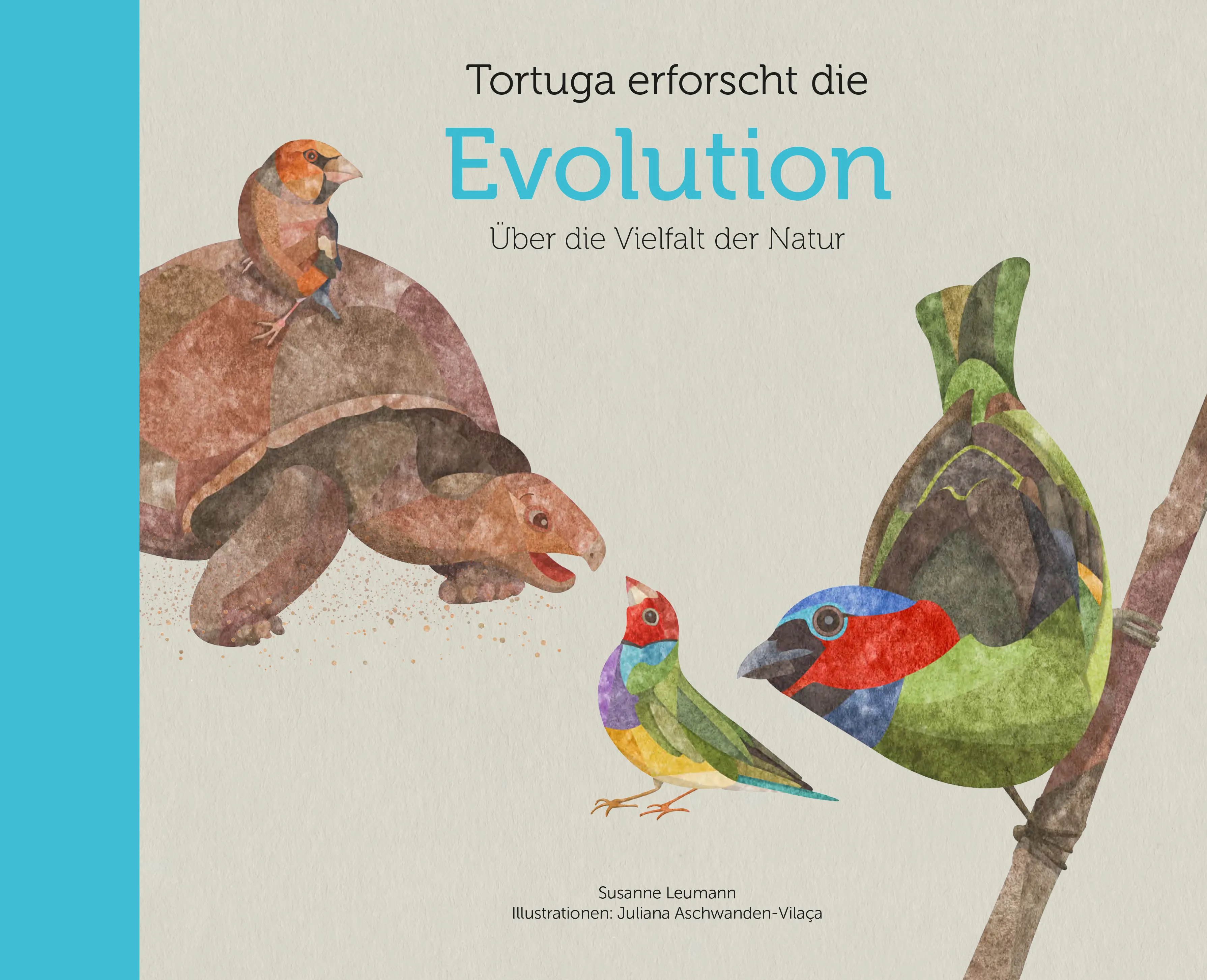 Cover of the book "Tortuga erforscht die Evolution" with an illustration of a turtle and three colourful birds.