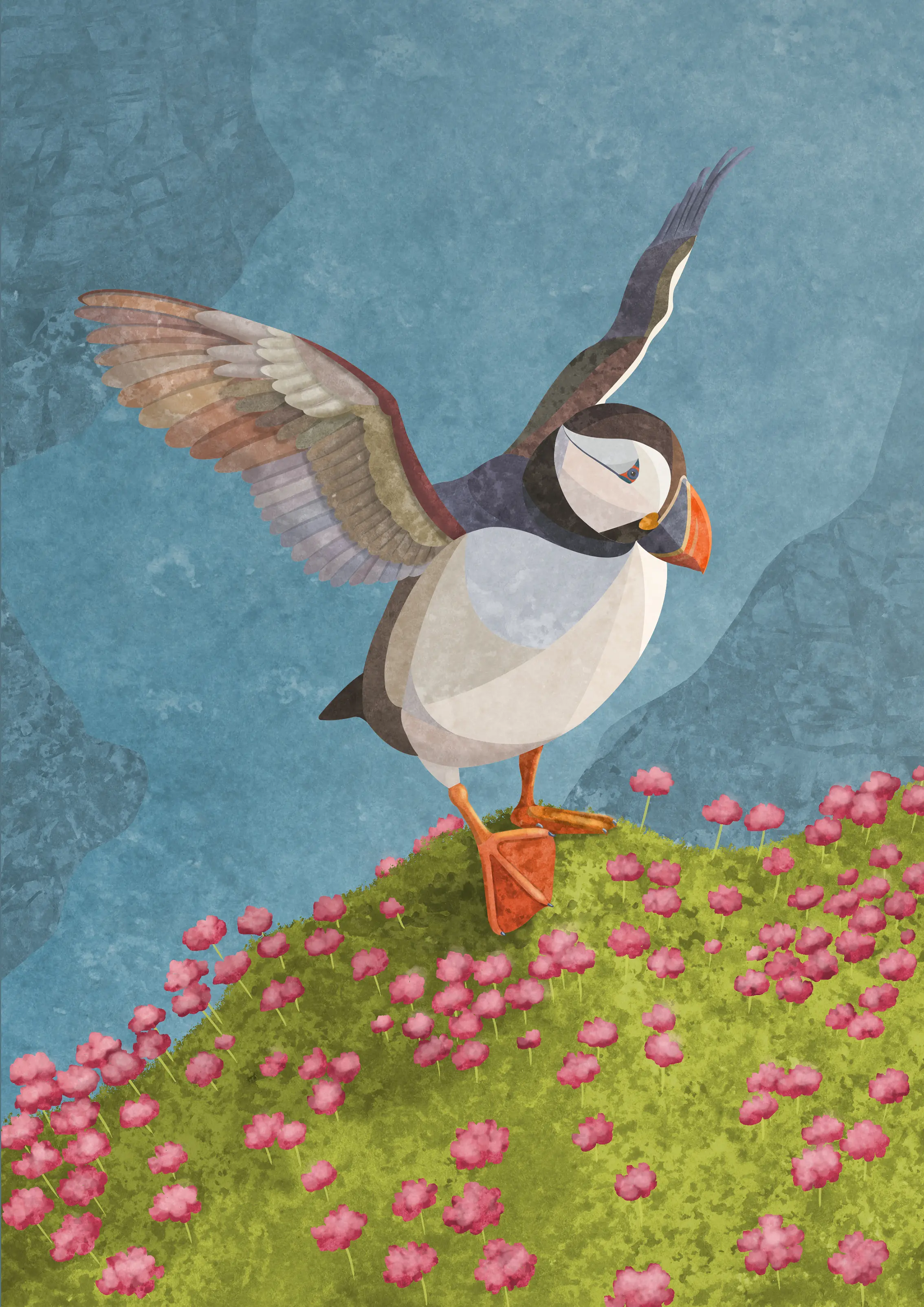 Illustration of a cute puffin opening its wings on a cliff full of flowers, with the blue sea at the background. 