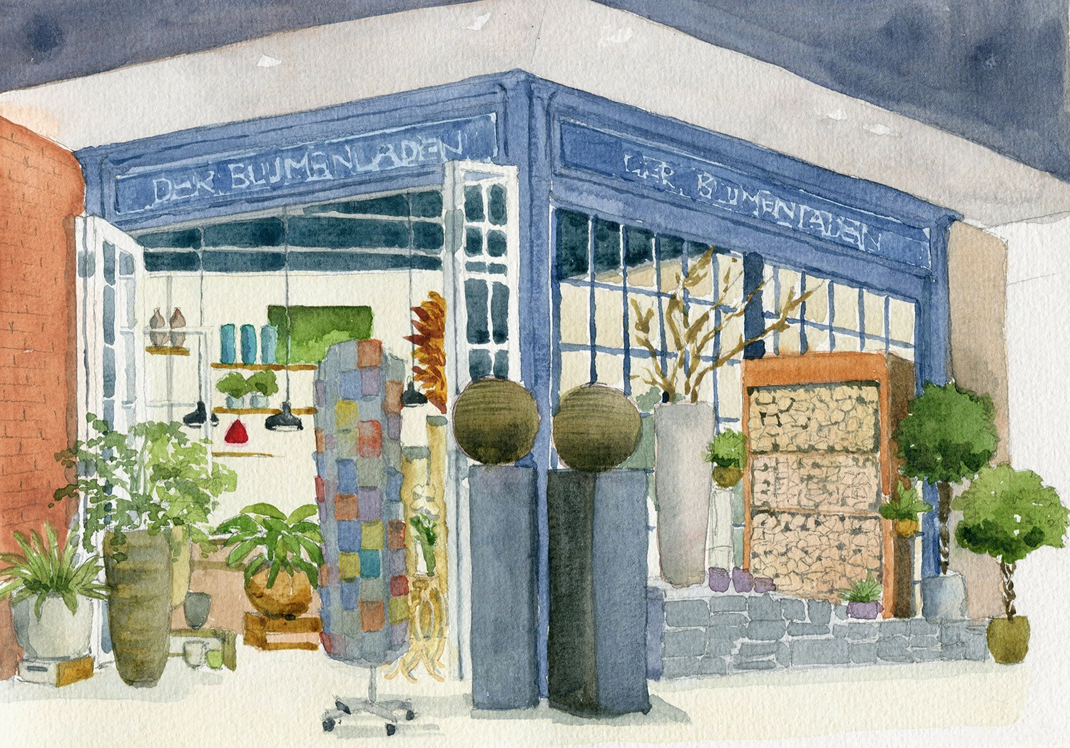 Aquarellskizze von einer Blumenladen in Mall of Switzerland, Ebikon.