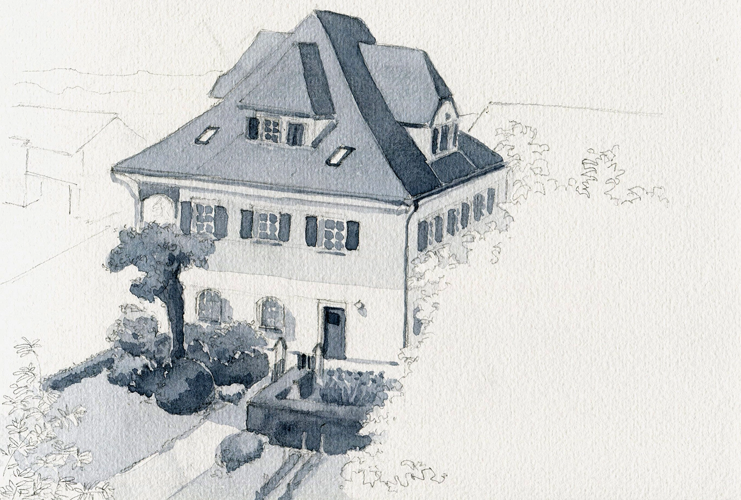 Aquarellskizze in Schwarzweiss von einem Haus in Neudorf.