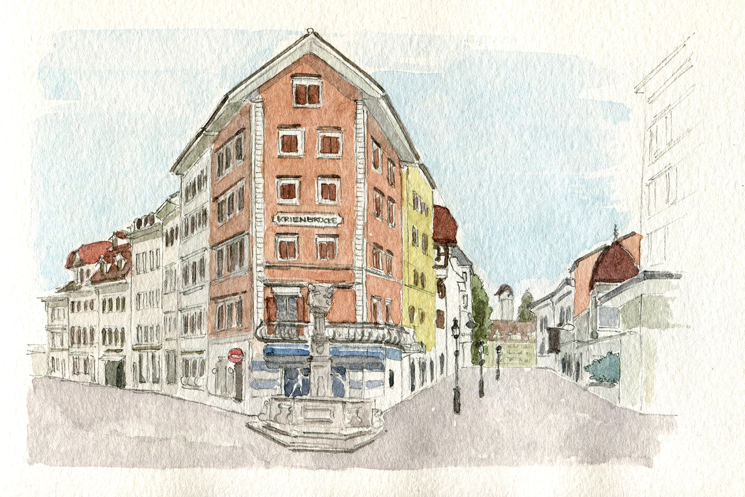 Aquarellskizze von einem Haus in der Pfistergasse, Luzern. 