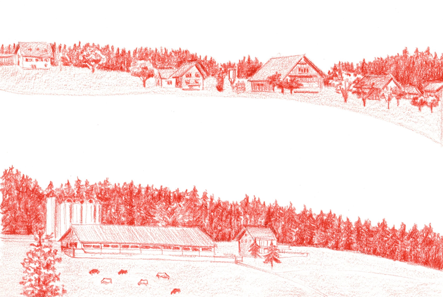 Skizze mit Farbstift (Sangria) von der ländlichen Landschaft in Neudorf.