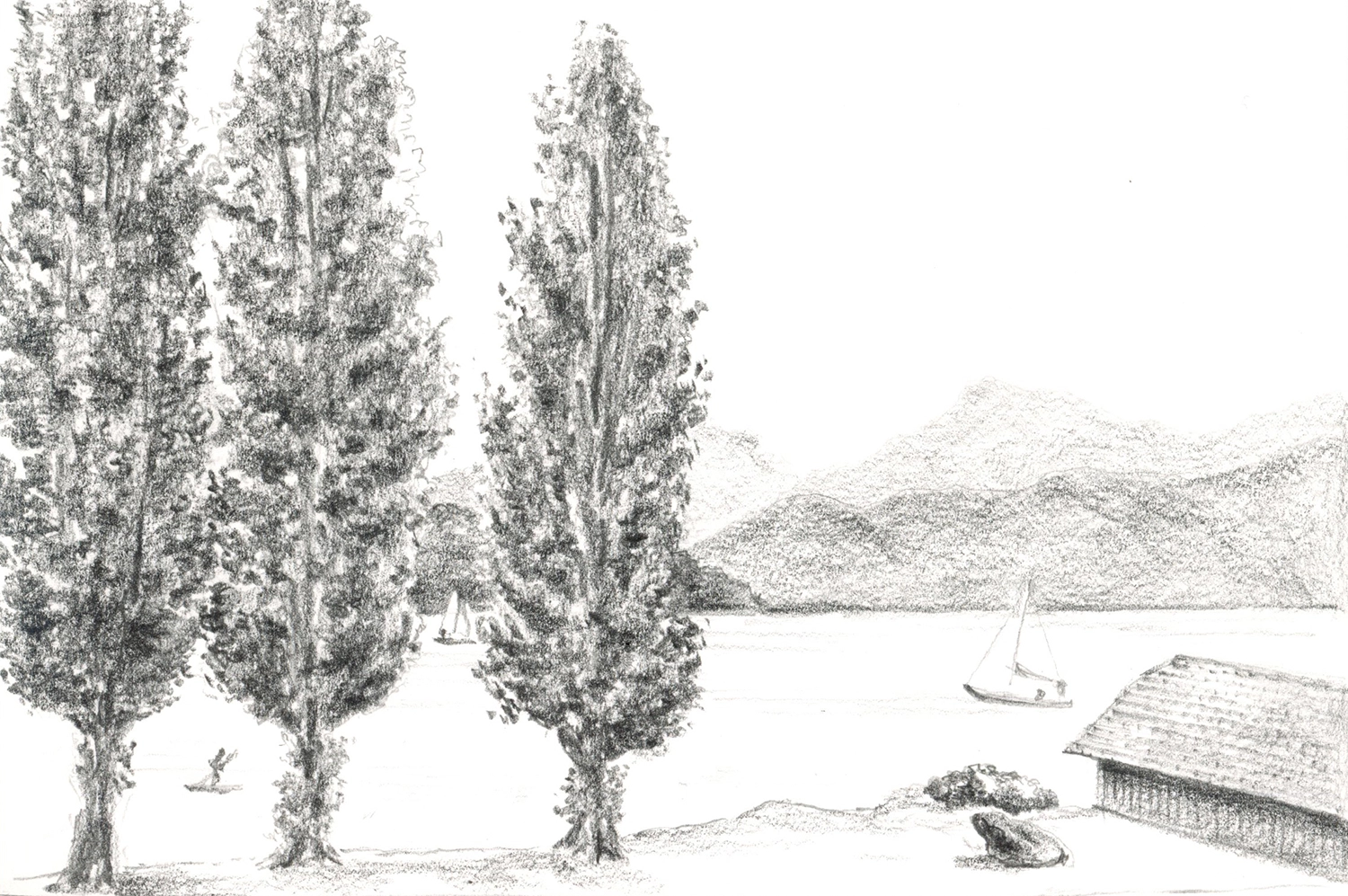 Skizze mit Bleistift im Richard Wagner Park, Luzern.