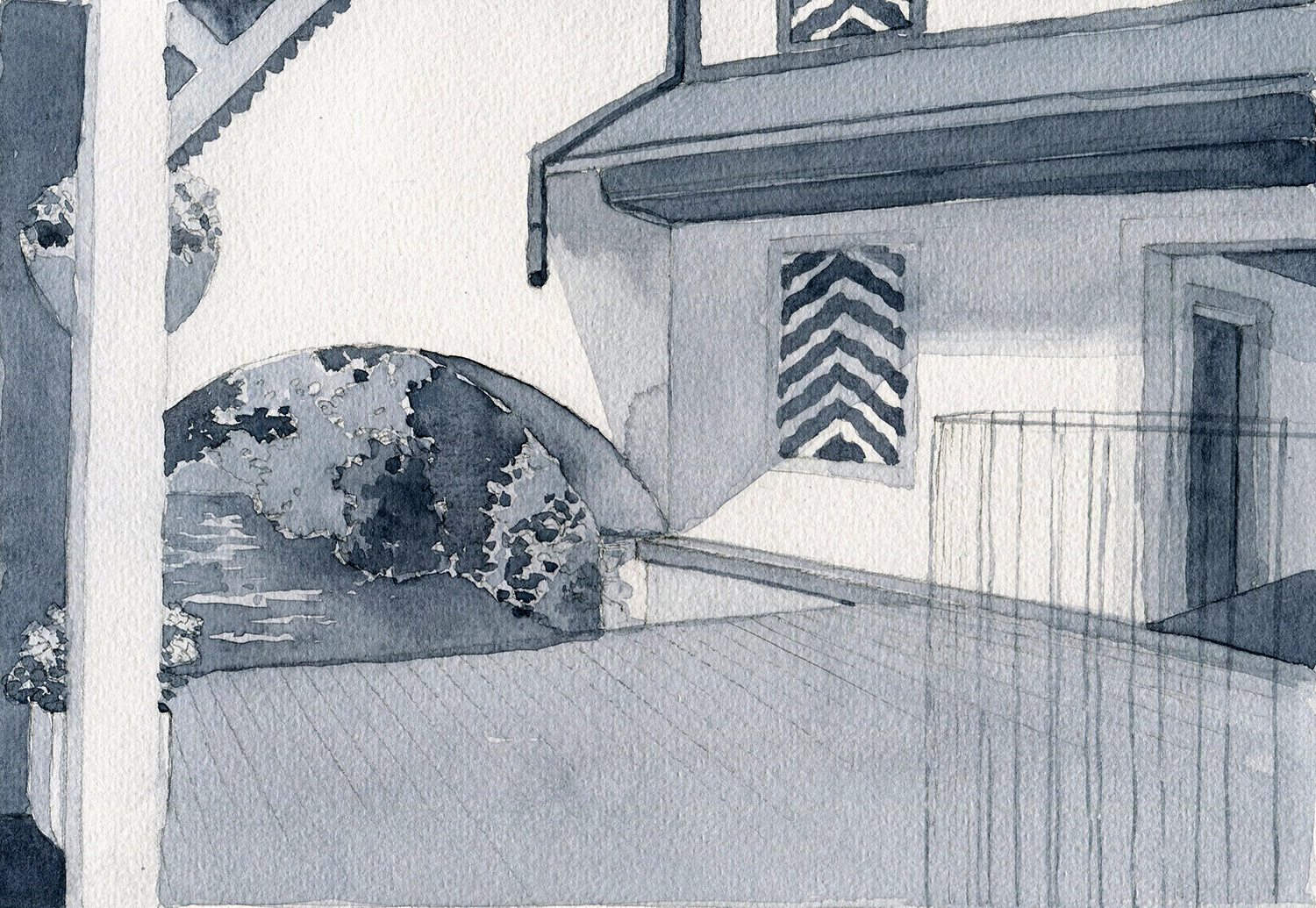 Aquarellskizze in Schwarzweiss vom Turmeingang in Sursee