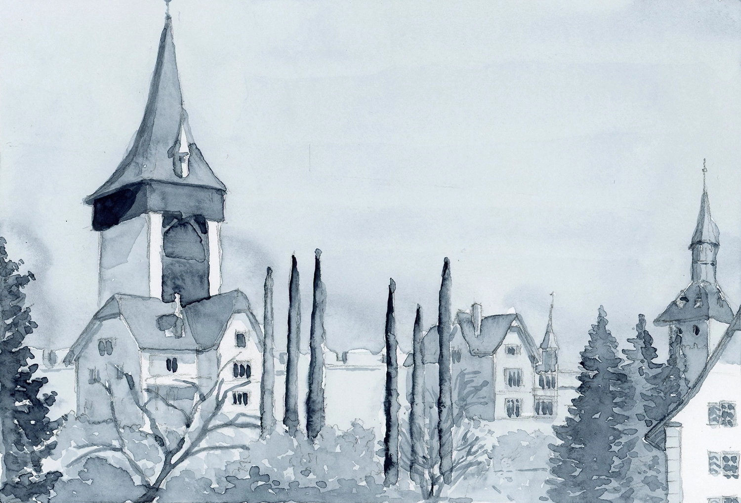 Aquarellskizze in Schwarzweiss von Luzern