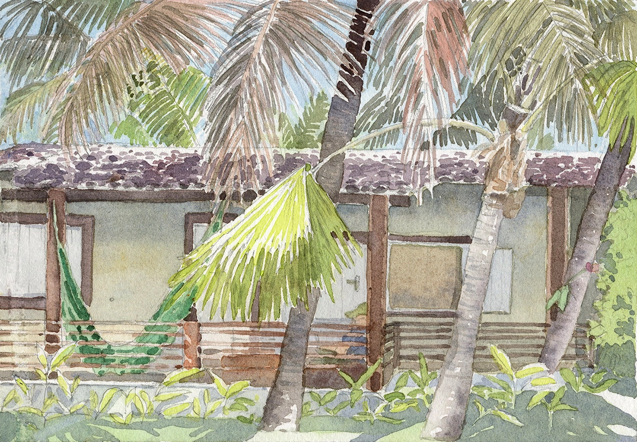 Aquarellskizze von einem Haus am Strand in Alagoas, Brasilien.