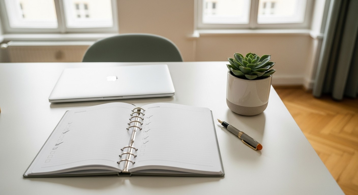 Geöffneter Planer mit Büroreinigung-Checkliste auf einem Schreibtisch in einem hellen Berliner Büro