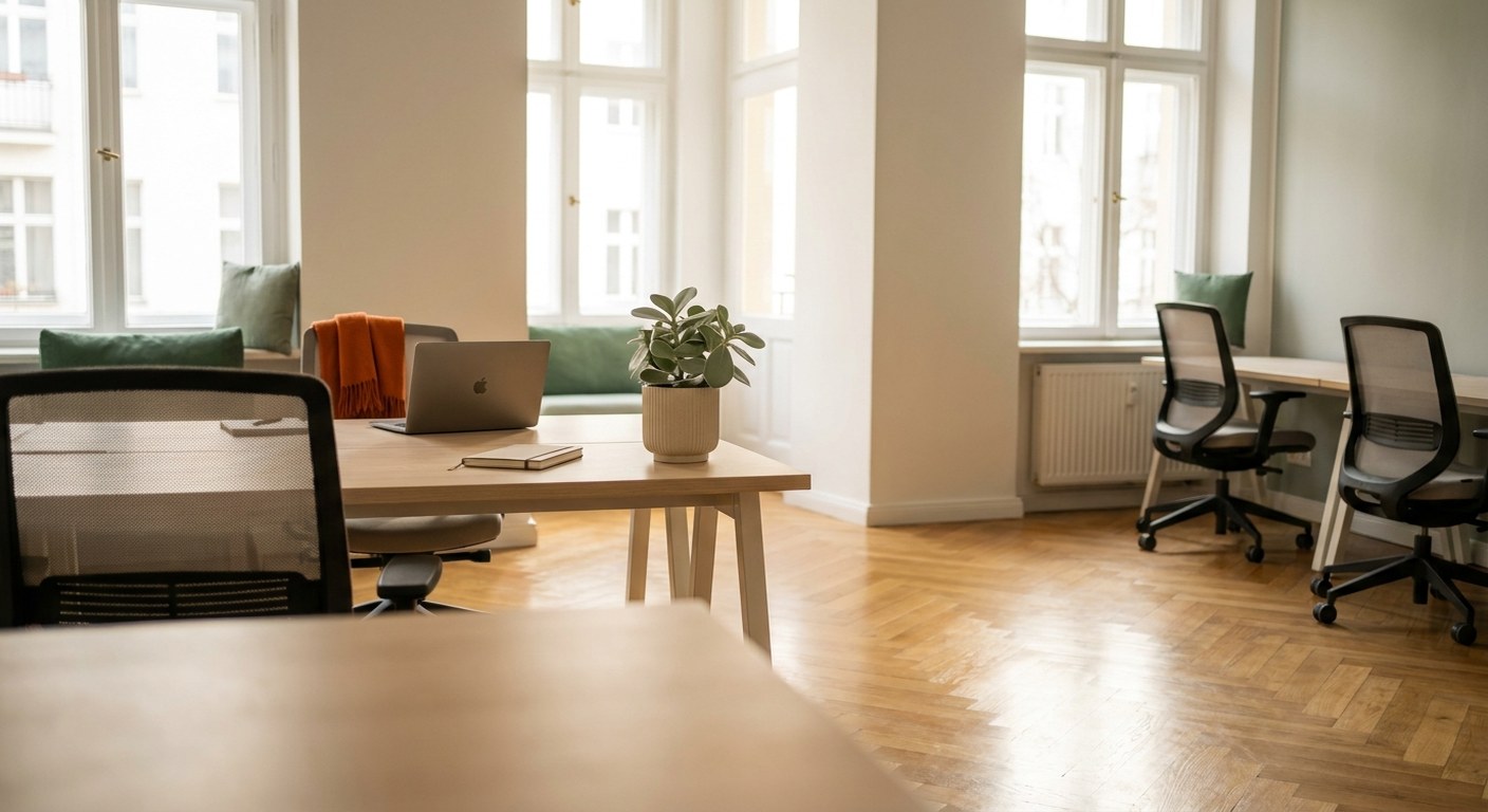 Leeres, frisch gereinigtes Büro in einem Berliner Altbau am Morgen
