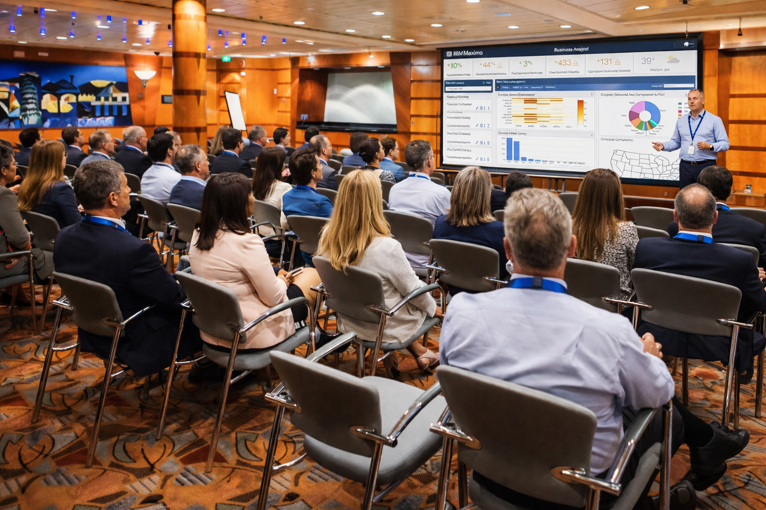 Attendees in a session aboard ship, presenter at a large screen