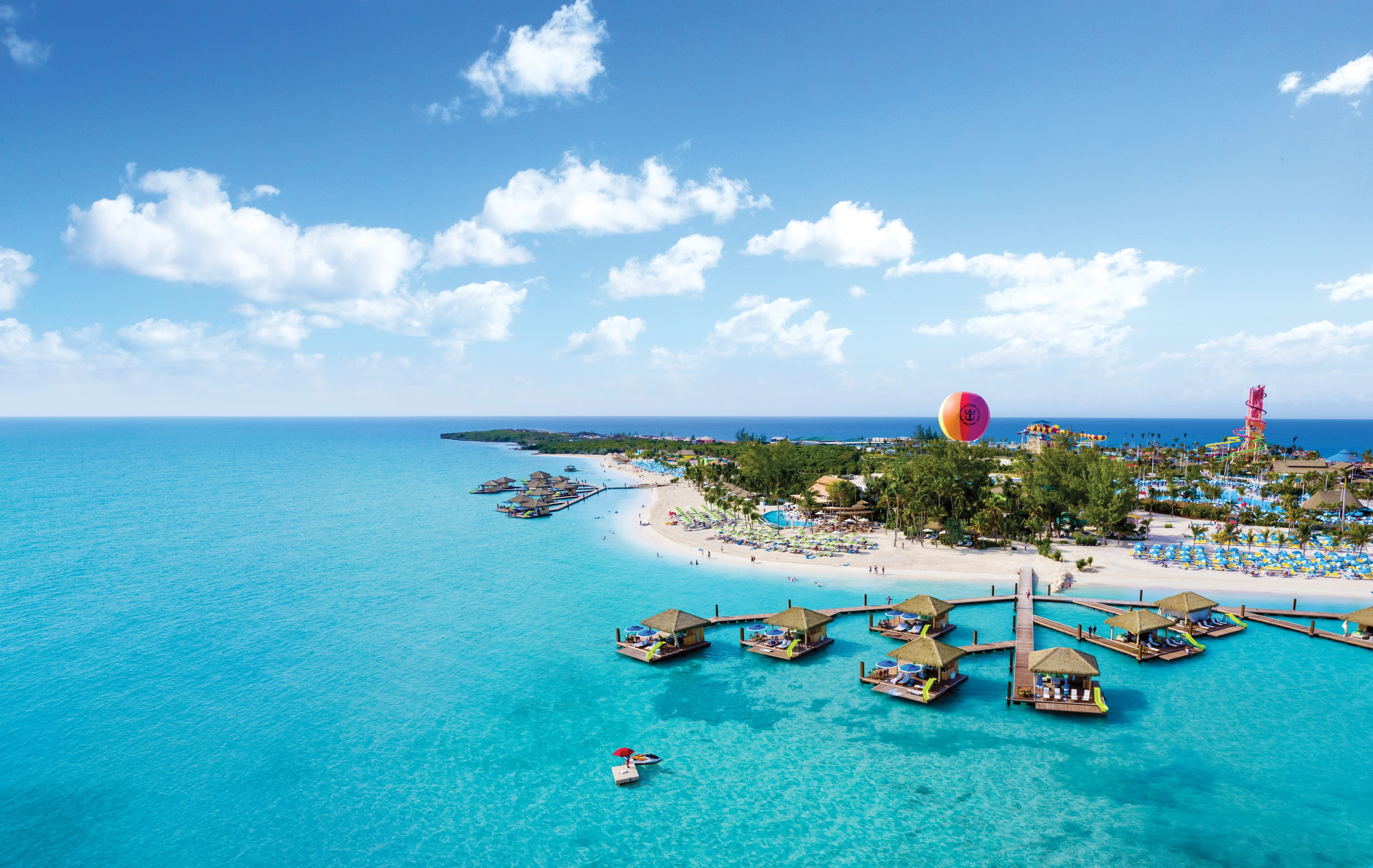 Aerial view of a Bahamas beach club with turquoise water