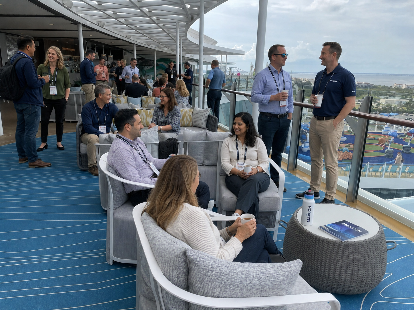 Ship sun deck at sunset with pool and seating