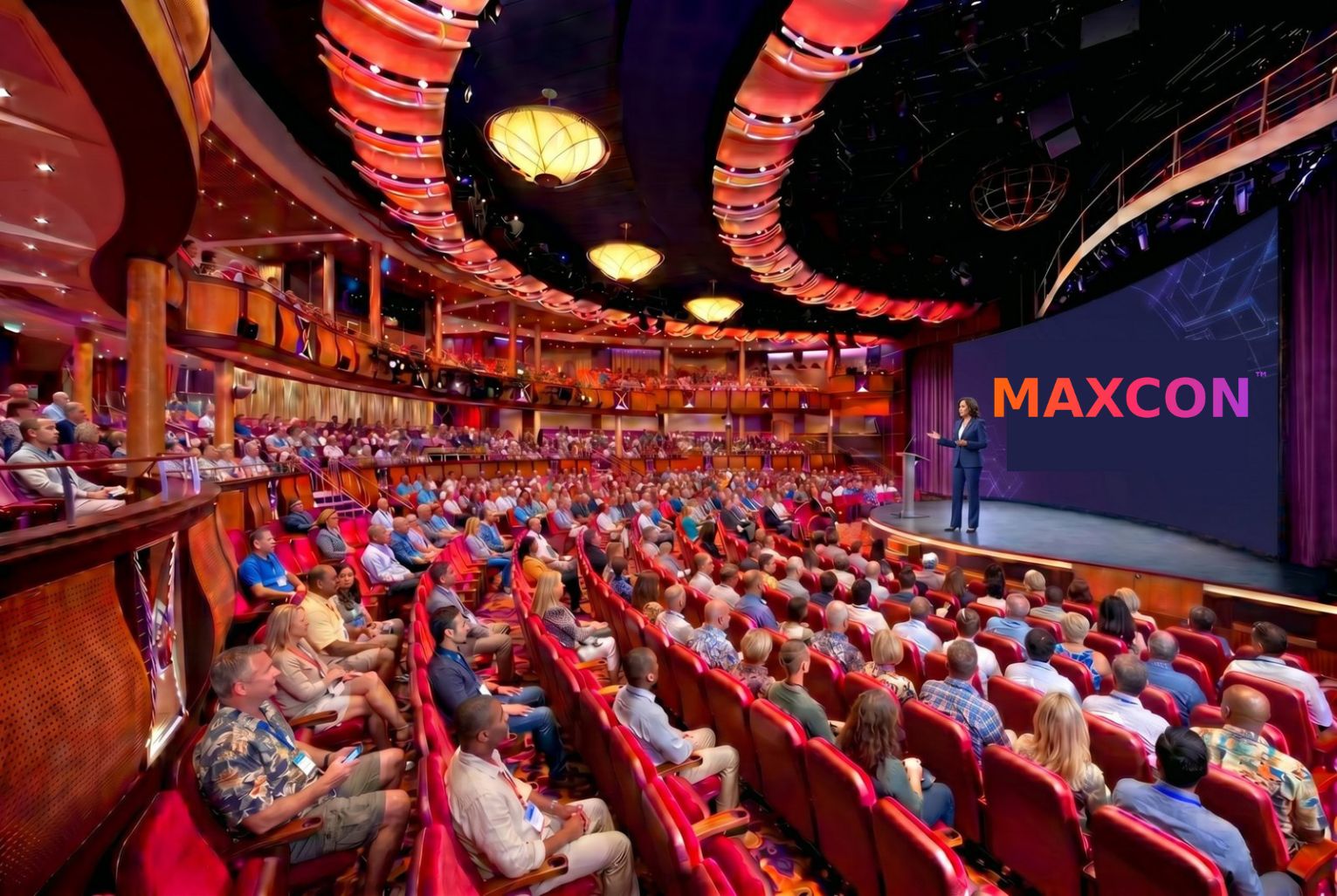 Dedicated conference room aboard ship set up theatre-style
