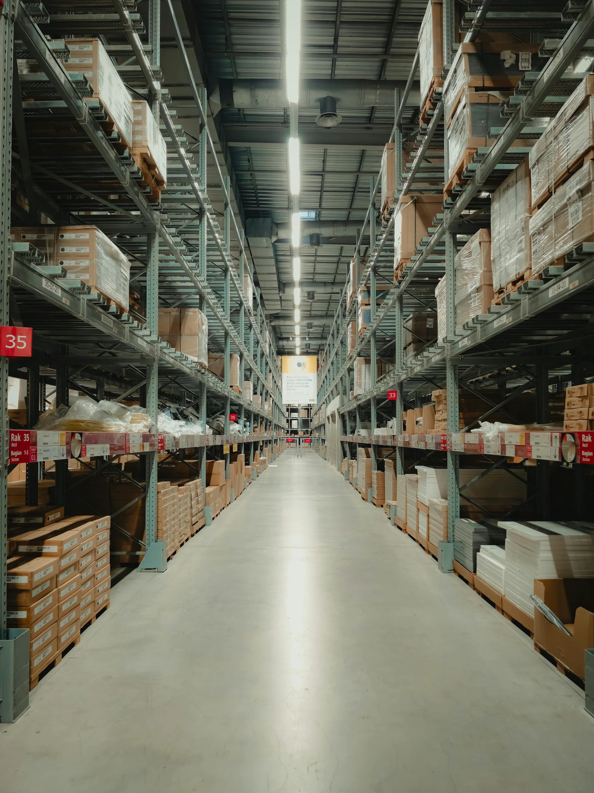 Large warehouse aisle with tall industrial shelving stocked with pallets and packaged goods