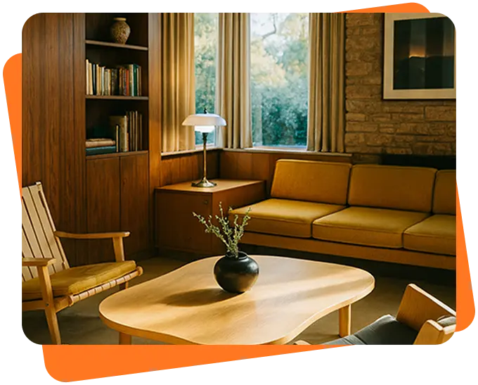 Warm mid-century modern living room with wooden furniture, yellow sofa, built-in bookshelves, and natural light from large windows