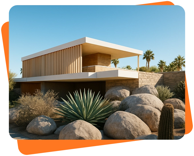 Modern desert home with minimalist architecture, large windows, and surrounding cacti and rock landscaping