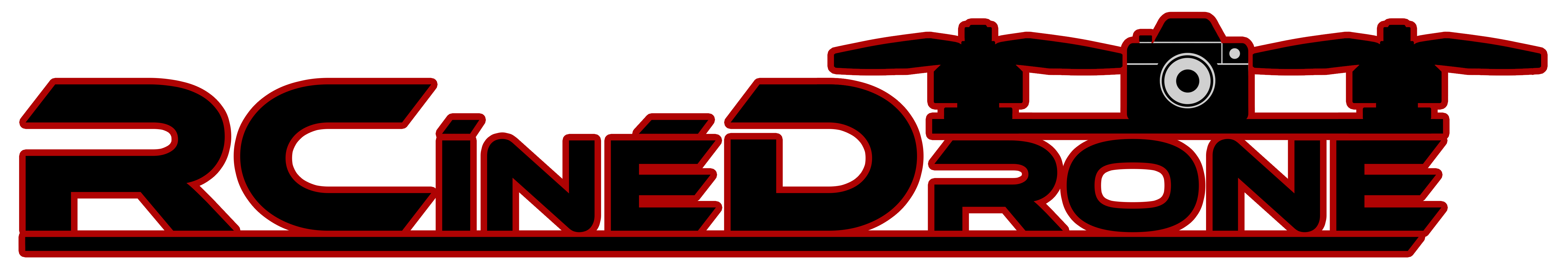 Logo RCinéDrone avec texte stylisé noir entouré d'un contour rouge et un drone noir avec caméra au-dessus des lettres.