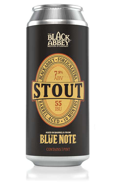 Silver can of The Black Abbey Brewing Company's barrel-aged Tripel Belgian-style ale with 9.2% ABV, 15 IBU, and 1 pint volume, aged in barrels from Blue Note.