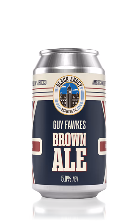 Can of Black Abbey Brewing Co. Guy Fawkes Brown Ale with 5.0% ABV.