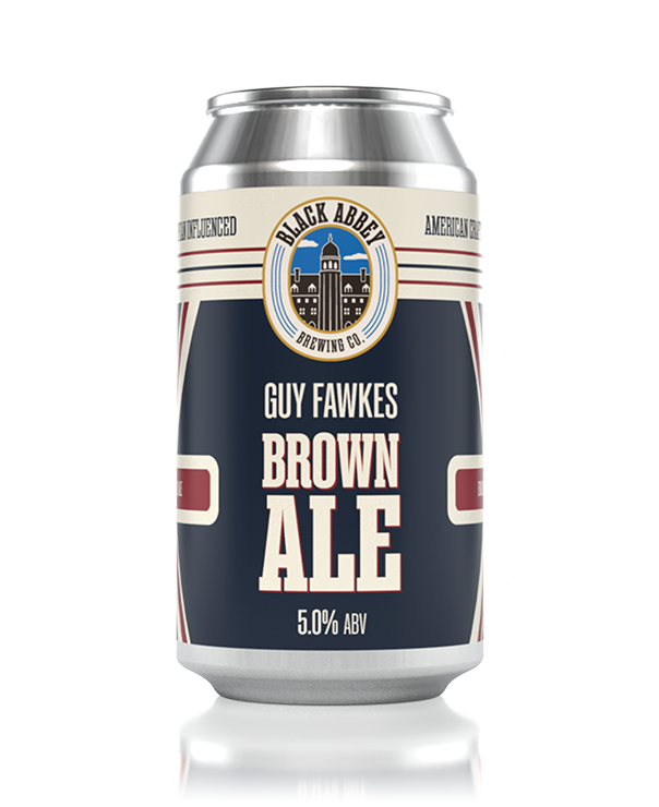 Can of Black Abbey Brewing Co. Guy Fawkes Brown Ale with 5.0% ABV.