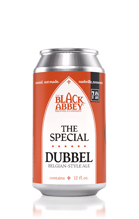 Silver can of The Black Abbey Brewing Company's The Special Dubbel Belgian-style ale with 7.4% ABV, featuring a red and white label from Nashville, Tennessee.