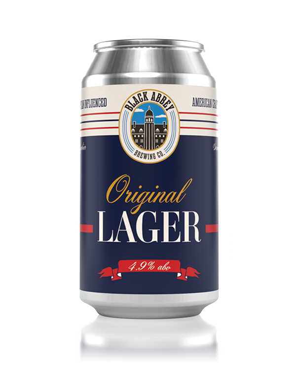 Can of Black Abbey Brewing Co. Original Lager beer with 4.9% alcohol content.