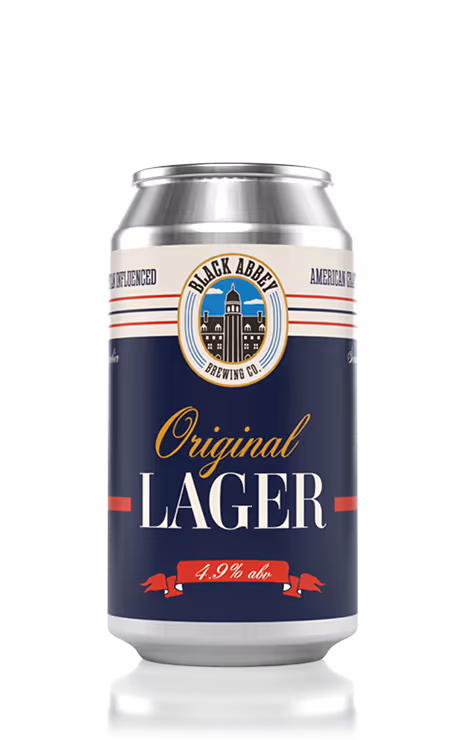 Can of Black Abbey Brewing Co. Original Lager beer with 4.9% alcohol content.