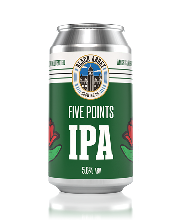 Can of Black Abbey Brewing Co. Five Points IPA beer with 5.6% ABV, featuring a green label with red floral designs.