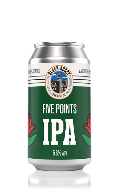 Can of Black Abbey Brewing Co. Five Points IPA beer with 5.6% ABV, featuring a green label with red floral designs.